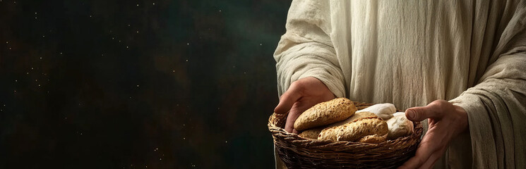 closeup, hands holding basket with bread 
