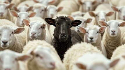 Fototapeta premium A black sheep stands out in a herd of white sheep