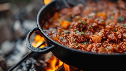 An appetizing beef and vegetable stew bubbling in a cast iron pot over a campfire, capturing the essence of outdoor cooking, and satisfying hunger in the wild.