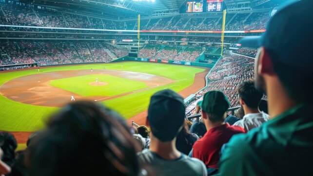 Crowd watches baseball game in large stadium with green field and sunny weather - Powered by Adobe