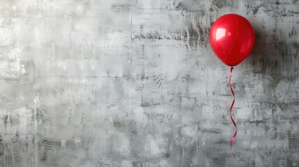Single red balloon tied with ribbon floats against textured, gray concrete wall