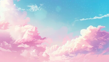 Anime-Style Poster Design with Pink and Blue Sky, Pastel Background, and Dreamy Cloudscape Featuring Bokeh Panorama and Retro-Futuristic Colors