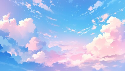 Anime-Style Poster Design with Pink and Blue Sky, Pastel Background, and Dreamy Cloudscape Featuring Bokeh Panorama and Retro-Futuristic Colors