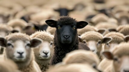 A black sheep stands out in a herd of white sheep