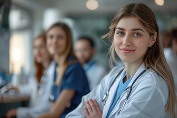 Female doctor smiling with colleagues in background.