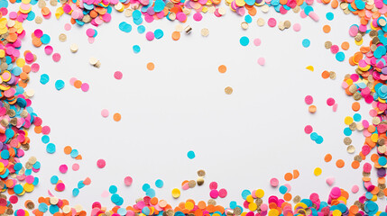 Festive bright shiny multicolored confetti close up on white background