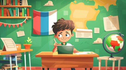 A young student sits at a desk in a classroom, engaged in geography studies with a globe and world map displayed. A plant and educational materials add to the learning environment.