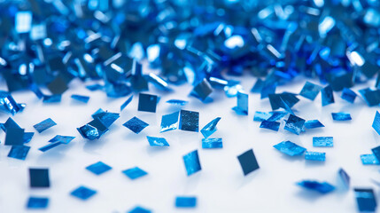 Festive bright shiny blue confetti close up on white background