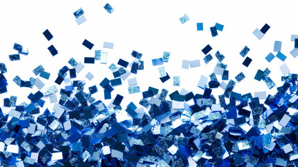 Festive bright shiny blue confetti close up on white background