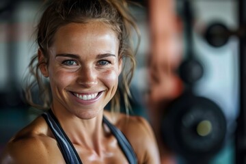 Fototapeta premium A fit muscular female personal trainer smiling at the camera in a gym, close up
