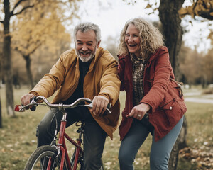 Obraz premium Cheerful active senior couple with bicycle in public park together having fun lifestyle