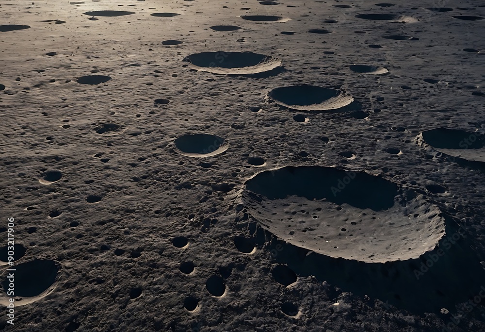 Canvas Prints the surface of an icy moon with deep craters filled with reflective ice, casting long shadows and gl