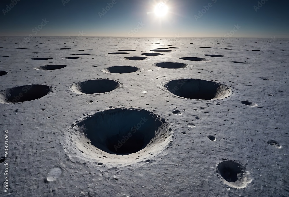 Canvas Prints the surface of an icy moon with deep craters filled with reflective ice, casting long shadows and gl