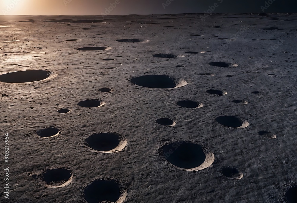 Canvas Prints the surface of an icy moon with deep craters filled with reflective ice, casting long shadows and gl