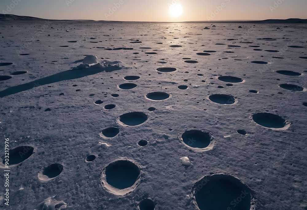 Canvas Prints the surface of an icy moon with deep craters filled with reflective ice, casting long shadows and gl