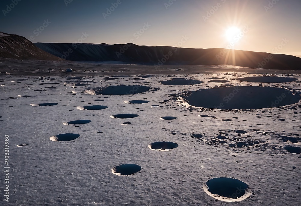 Canvas Prints the surface of an icy moon with deep craters filled with reflective ice, casting long shadows and gl