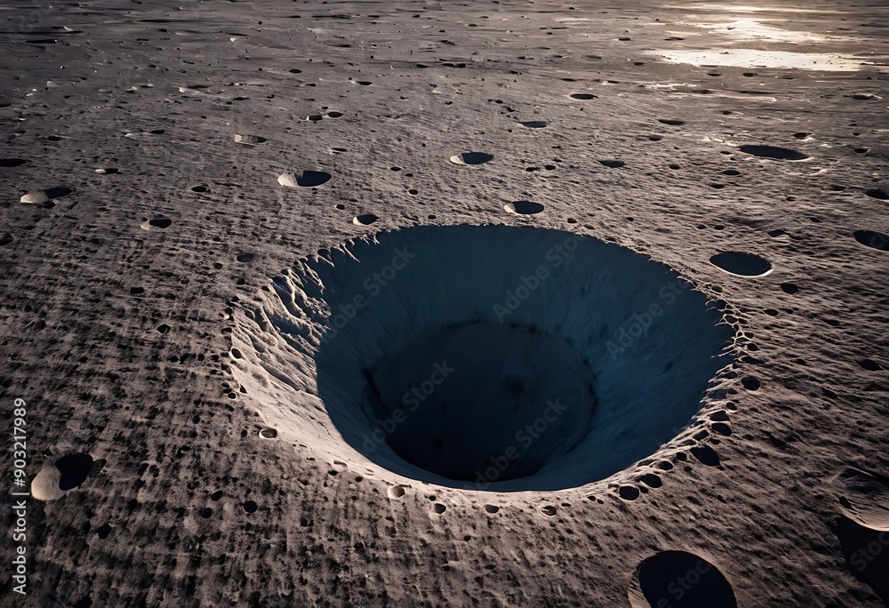 Canvas Prints the surface of an icy moon with deep craters filled with reflective ice, casting long shadows and gl