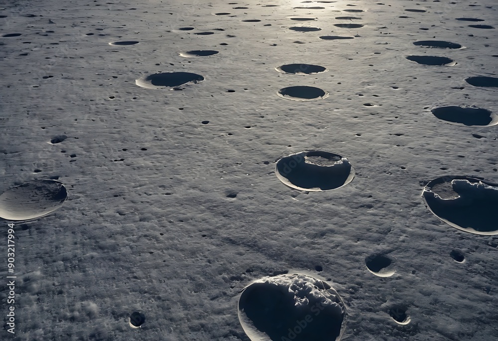 Canvas Prints the surface of an icy moon with deep craters filled with reflective ice, casting long shadows and gl