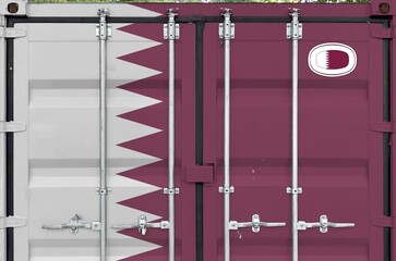 Qatar flag depicted on metal doors of shipping cargo container outdoors in docks area close up