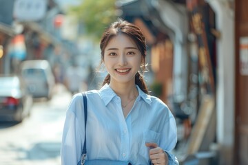 Fototapeta premium Young Asian woman in blue shirt smiles on her commute.