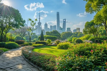 City Garden. Beautiful Park in Urban Landscape with Greenery and Downtown Skyline