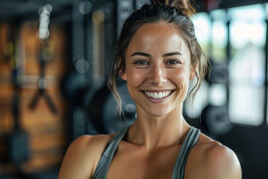 A fit muscular female personal trainer smiling at the camera in a gym, close up