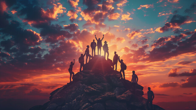 working together to achieve success, brave man climbing mountain top to flag with effort and belief of victory. Ambition, success strategy.