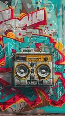 3D boombox, urban style, graffiti background, street culture