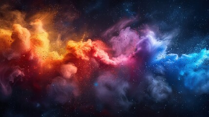 Naklejka premium An energetic background with a rainbow powder splash, showcasing vivid paint explosions, dust clouds, and ink splatter effects against a white and black spray texture