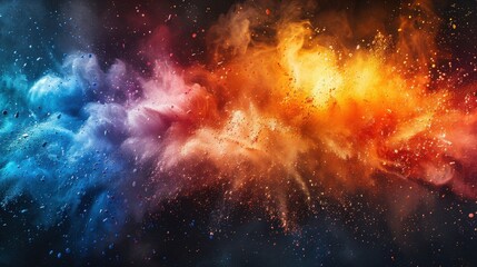 Obraz premium An abstract background with a rainbow powder splash, showcasing colorful paint explosions, dust bursts, and ink splatter effects against a white and black spray texture