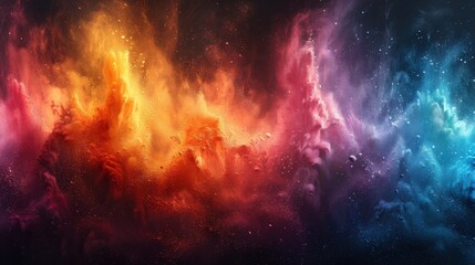 A vibrant abstract design with a color powder splash in rainbow hues, showcasing paint explosions, dust effects, and ink splatter on a white and black textured background