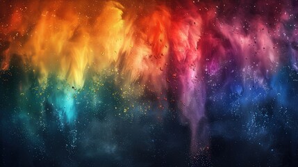 A vibrant background showcasing a rainbow-colored powder splash, with vivid paint bursts, dust clouds, and ink splatter effects on a clean white and black textured background