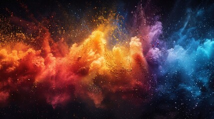 Naklejka premium A vibrant background showcasing a rainbow-colored powder splash, with vivid paint bursts, dust clouds, and ink splatter effects on a clean white and black textured background