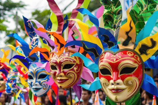 Vibrant mask display at Masskara Festival in Bacolod City.