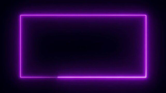 Motion animation of glowing neon rectangle purple frame on black  background. Electric fluorescent sign with empty space. Retro style. 