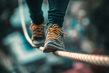 Close up Photograph of a Person Walking on a Tightrope: A person walking carefully on a tightrope high above the ground.