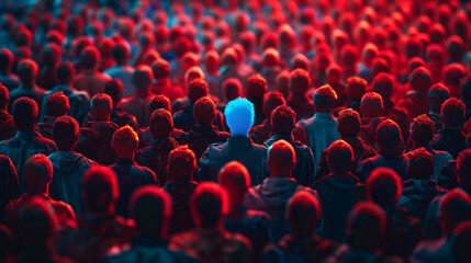 Obraz premium recruitment concept, rare talent, company hiring, a huge crowd of red people with one person highlighted in blue, future theme