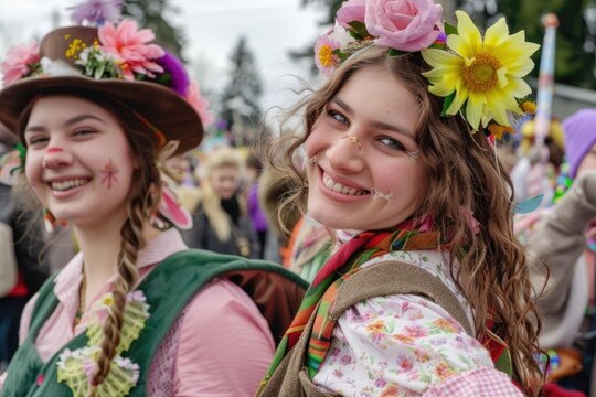 Young women celebrating German fasching Carnival at Rose Monday parade