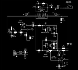 Schematic diagram of electronic device on sheet of paper. Vector drawing electrical circuit with 
operational amplifier, connector,
resistor, capacitor, integrated circuit,
diode, led, other component
