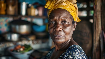 Obraz premium A close-up portrait of a middle-aged Haitian female cook