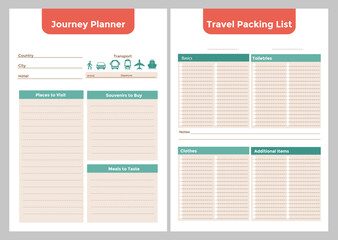 Travel Planner Printable Bullet journal template. Information of destination, transport, dates, and hotel. Places to visit and meals to try. Business Trip and Vacation. Travel Packaging list.