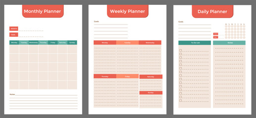 Set of the printable monthly, weekly and daily planners, book tracker and to do list. Minimalist personal planner page templates are good for self motivation and organizing. Vector flat illustration.