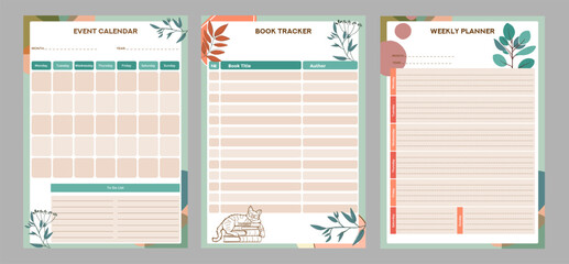 Set of the printable monthly, weekly and daily planners, book tracker and to do list. Minimalist personal planner page templates are good for self motivation and organizing. Vector flat illustration.