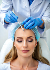 Naklejka premium cosmetologist gives a woman a Botox injection in the forehead, beauty salon, hyaluronic acid, doctor, hospital, cosmetology, beauty, portrait, face, lips, girl, anti-aging, skin care, procedure