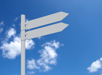 Blank signpost. Road sign. Mockup. Arrows. Blue sky. 3d illustration.