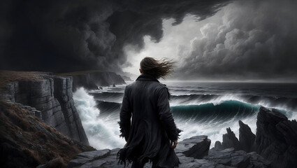 A Solitary Figure Stands on Rugged Cliffs Overlooking Turbulent Ocean Waves Under Dark Stormy Skies