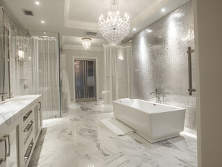 Luxurious bathroom featuring elegant marble tile and a sparkling crystal chandelier. Glamorous and opulent design.