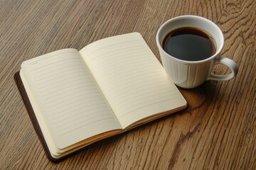Coffee Blank. Notebook List with Open Pages and Sweet Cup of Coffee on Table