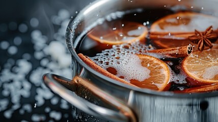 A pot on the stove boils a mixture of spices and orange slices, creating a bubbling and aromatic scene with steam rising, perfect for a cozy culinary environment.