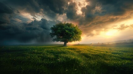 Obraz premium Dark Fantasy. Surreal Tree Silhouette on Meadow under Summer Sunset Glow